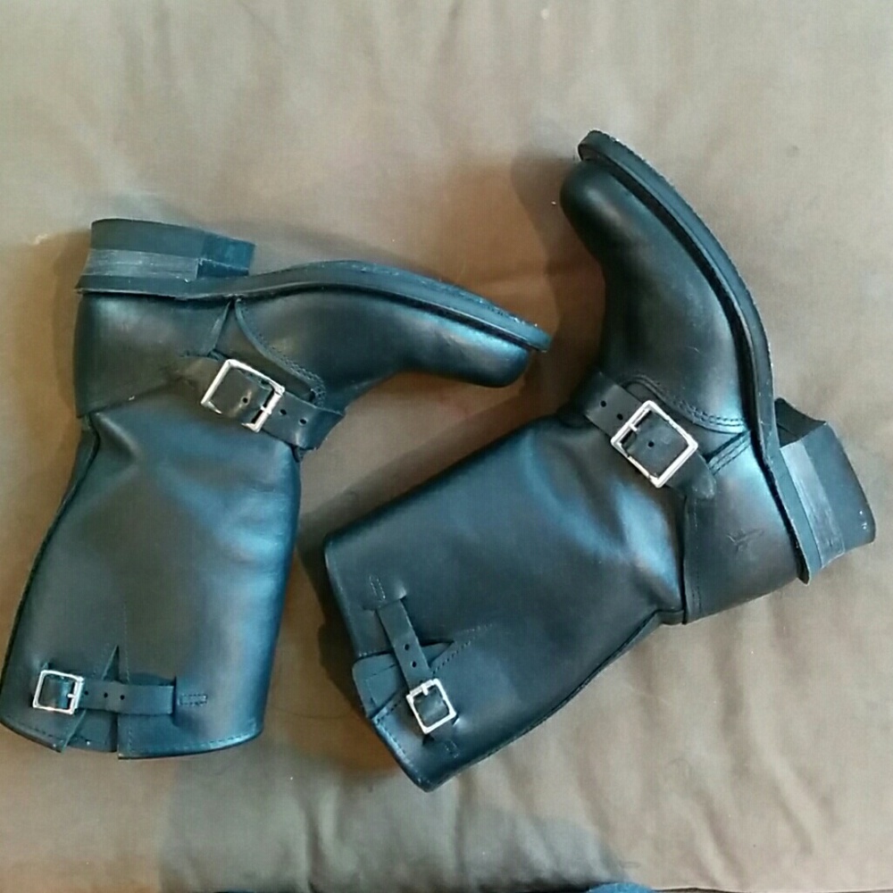 Frye Black Leather Combat Boots.